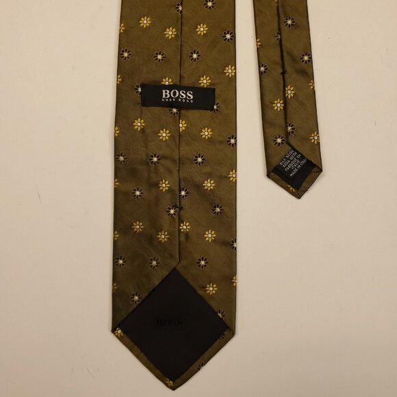 Hugo Boss Italian Neck Tie Men 100% Silk 56"x3.5" Gold Geometric Flowers - Picture 2 of 4